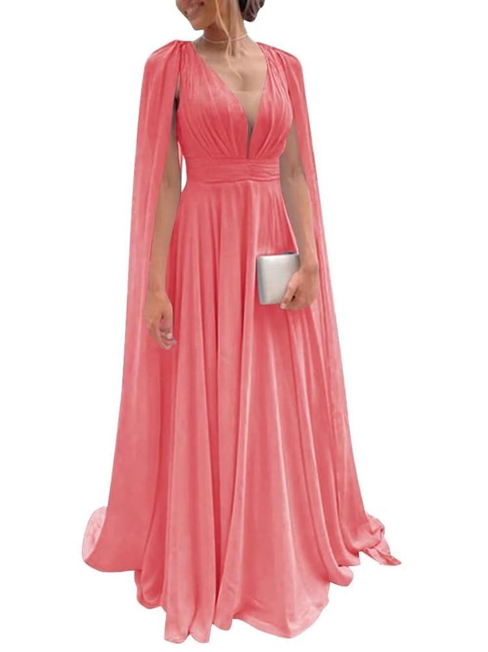 Chiffon Bridesmaid Dress for Women Cape Sleeve V-Neck Formal Evening Gowns with Pocket LBC020