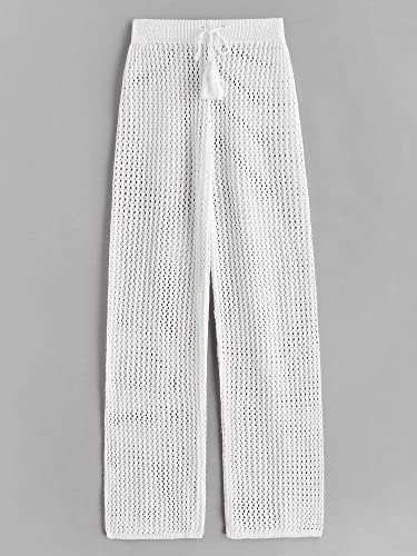 Zaful Women's Cover Up Pants Crochet Hollow Out Beach Pants Drawstring Elastic High Waist Straight Pants(1-White, One Size) #TOP2
