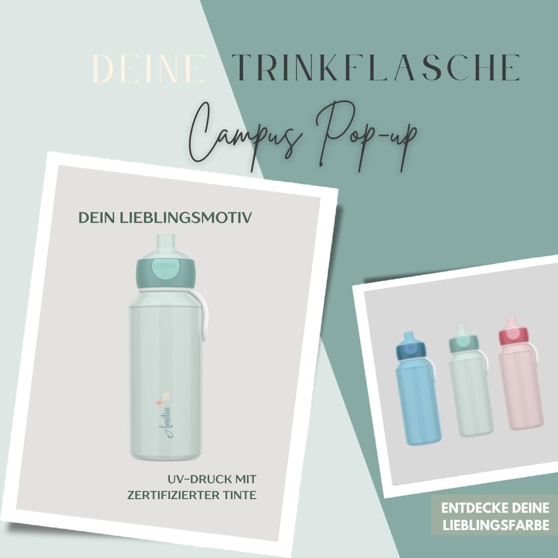 Mepal Set Brotzeitdose & Trinkflasche personalisiert, Brotdose Kinder mit Fächern, Lunch Box & Wasserflasche mit Name, auslaufsicheres Bento Box Set mit buntem Aufdruck Pferd (pink)