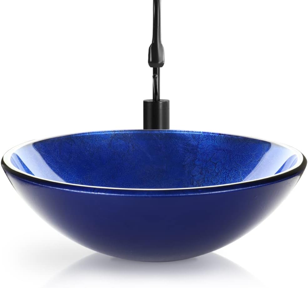 Bathroom Vessel Sinks Enbol Artistic Blue Round 16.5" Tempered Glass Sink Bowl Above Counter with Mounting Ring EGS-L0077