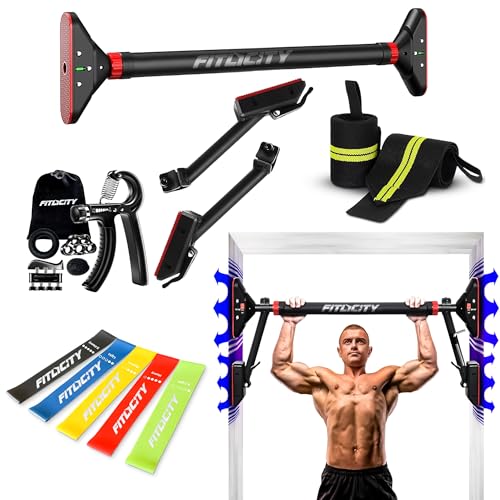 Fitlicity Pull Up Bar for doorway With Hand Grip Strengthener & Resistance Bands, Chin Up Bar for Upper Body Workout & Exercise, 29.9