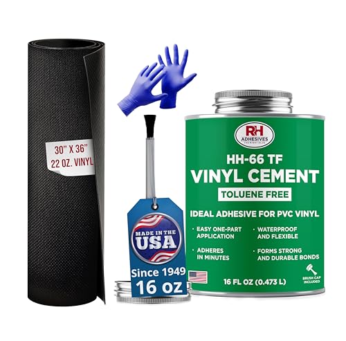 RH Adhesives Vinyl Patch Kit XL with 30-inch by 36-inch Reinforced Flexible PVC 16 oz. Can of HH-66 TF Vinyl Cement with Brush Cap Pair of Nitrile Gloves (22 oz. Black PVC Fabric)