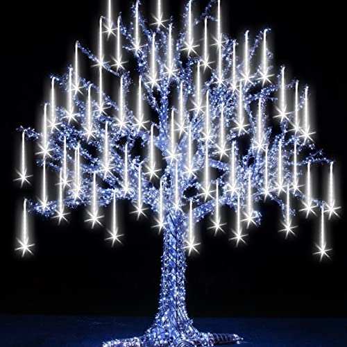Grandisk Meteor Lights LED Meteor Shower Lights with 8 Tubes 192 LEDs Falling Rain Drop String Lights Waterproof Icicle Snow Fall String Lights for Christmas Tree(8 Tubes White)