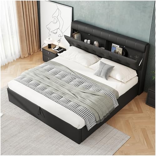 Lubvtti Cama tapizada 180x200 cm con cabecero de Almacenamiento,Cama con almacenaje,Cama de Matrimonio,Cama hidráulica con almacenaje,Estructura Cama 180x200 cm con somier de láminas,Negro