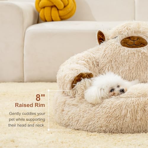 Jiupety Calming Dog and Cat Bed, Cozy Donut Cute Small Dog Beds, Anti Anxiety Round M(24" x 24" x 8") Size for Pets up to 17 lbs, Camel - Image 4