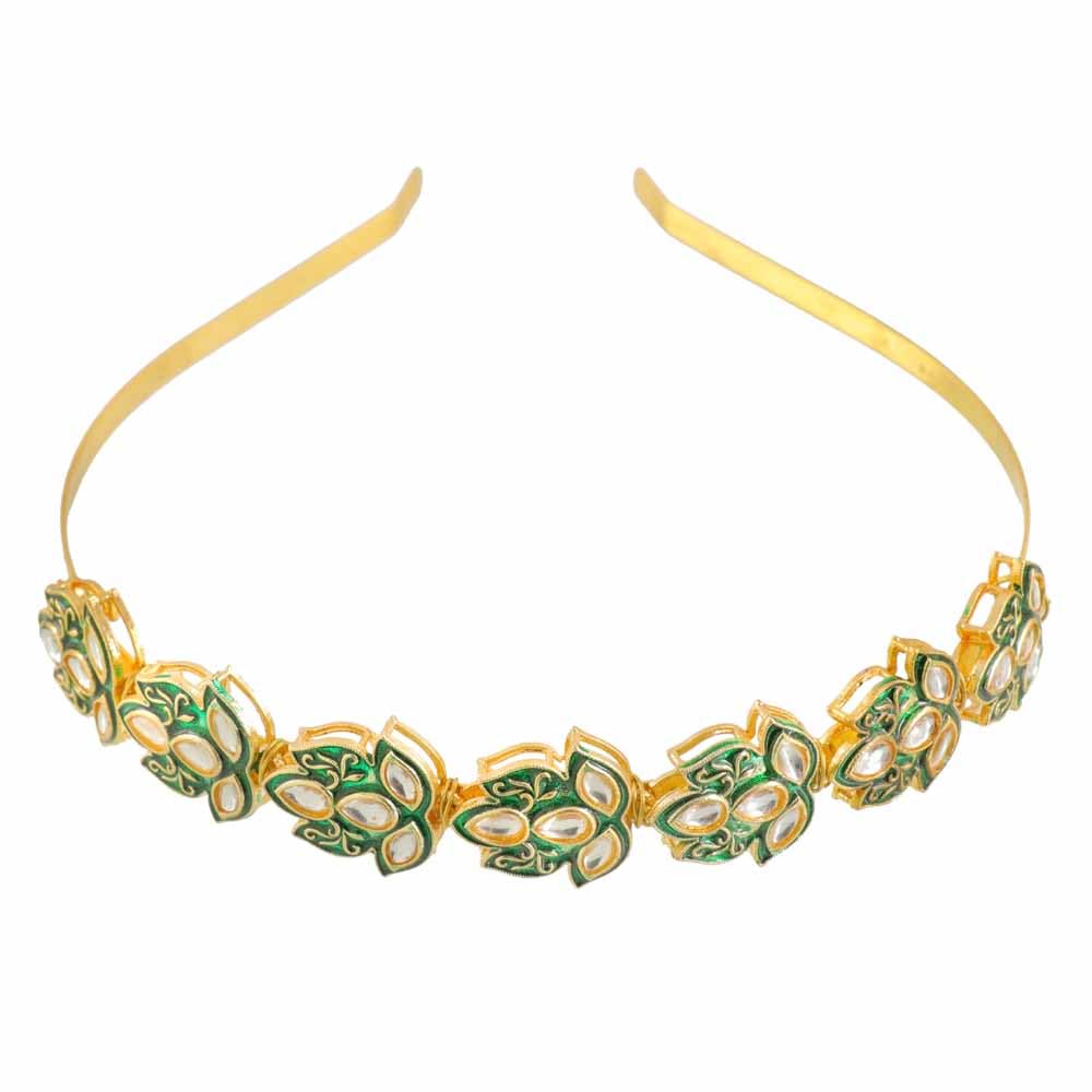 university trendz Lotus-Inspired Kundan Mathapatti SheeshPhool Hairband with Gold Finish-picture-43