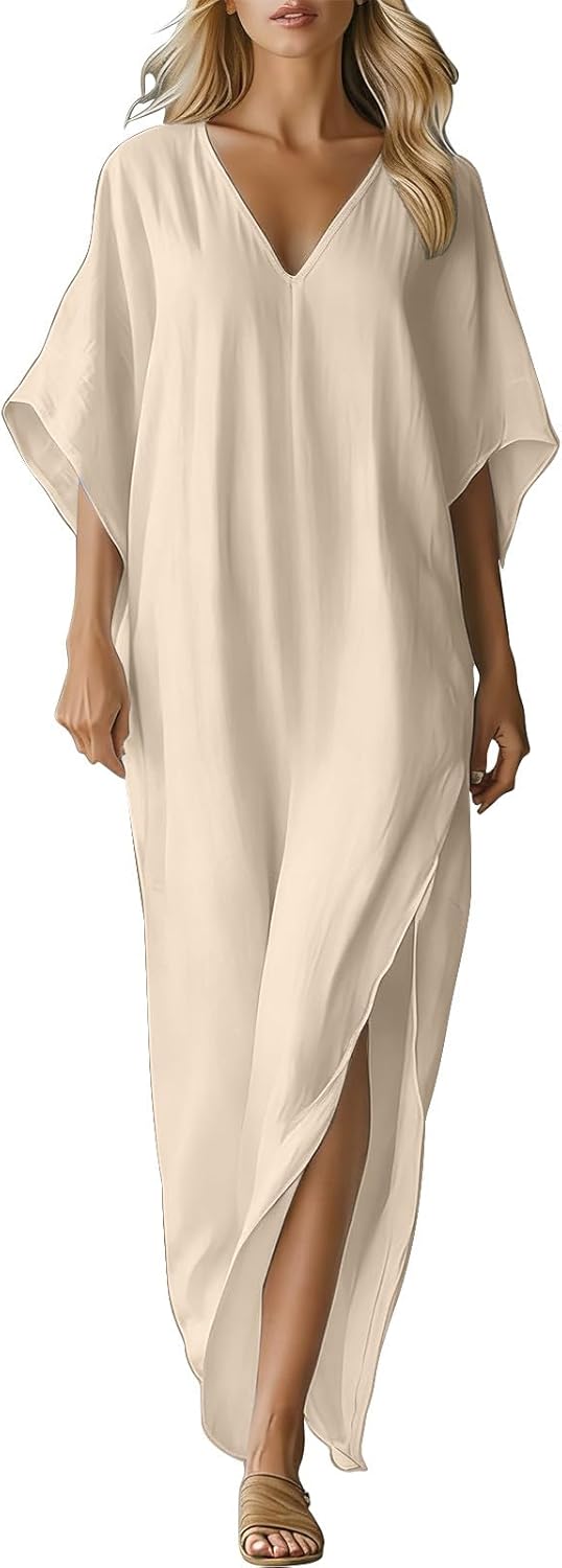 Batwing Sleeve Maxi Dress for Womens V Neck Loose Fit Side Split Flowy Dress Boho Summer Vacation Beach Sundresses