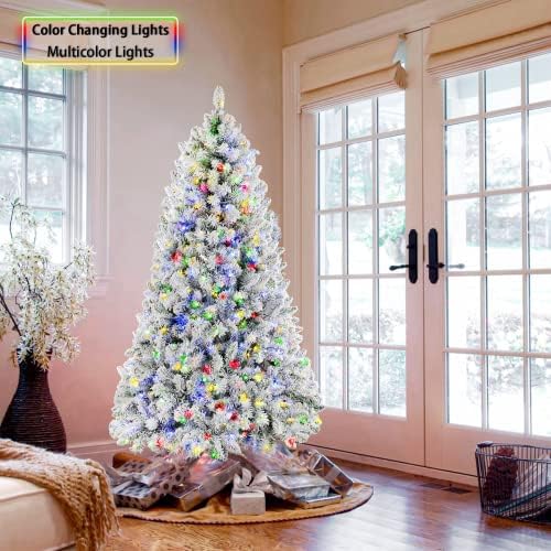 SHareconn 6ft Pre-Lighted Faux Hinged Snowflake Flocked Christmas Tree with 470 Warm White/Multi-Colored Lights, Foldable Metal Stand, Lifelike, Perfect for Home Office Christmas Ornaments, 182CM