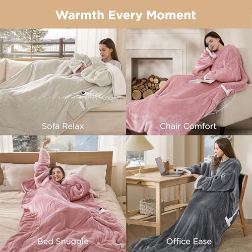 Bedsure Wearable Heated Blanket with Foot Pocket & Sleeves, 50x71+18", Grey | Preheat Function, Sherpa Electric Robe Throw, Gifts for Women, 6 Heat/6 Timer (Up to 10H) Settings, 8H Auto Shut Off, ETL/FCC - image 6