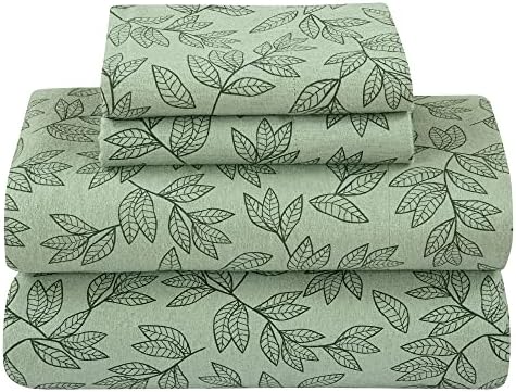LAMANNI CVC Flannel Sheet Set - Soft, Warm, Moisture Wicking - Bedding Set (Grey Small Leaves, Queen)