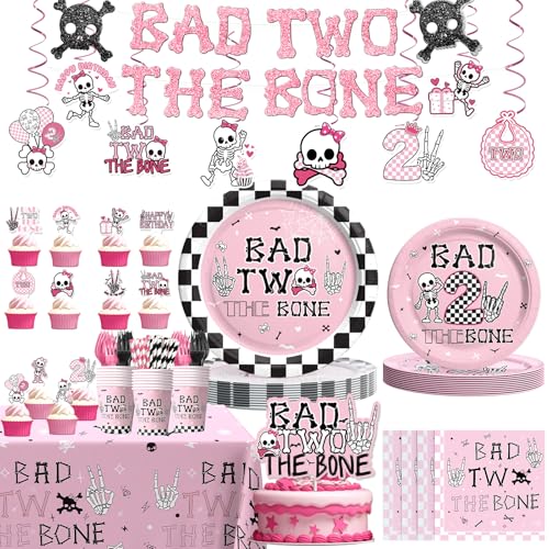 Costova Bad Two the Bone Party Supplies for Girl 178 PCS Bad 2 the Bone Party Decorations Includes Tableware Set Tablecloth Plates Banner Cake Topper Napkins for Girl 2nd Birthday Serves 24