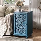 JOINICE End Table with Storage, 28' Tall Blue Side Table with Carved Door & Adjustable Shelf, Small Accent Cabinet with Solid Wood Legs for Living Room & Bedroom, Distressed Farmhouse Style
