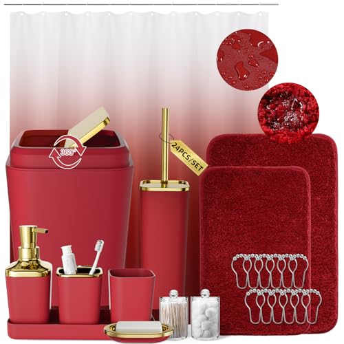 XLHOMO Burgundy Bathroom Accessories Set with Shower Curtain and Rugs, Dark Red Bathroom Accessories with Trash Can,Toothbrush Holder and Cup,Soap Dispenser,Tray,Soap Dish,Toilet Brush,Qtip Holders