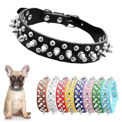 Spiked Dog Collar for Small Dogs Chew Proof Spike Collar for Dogs Cats PU Leather Studded Rivet Puppy Cat Collar for XXS Extra Small Medium Large Pets Like Frenchie Bulldog Chihuahua Black XS