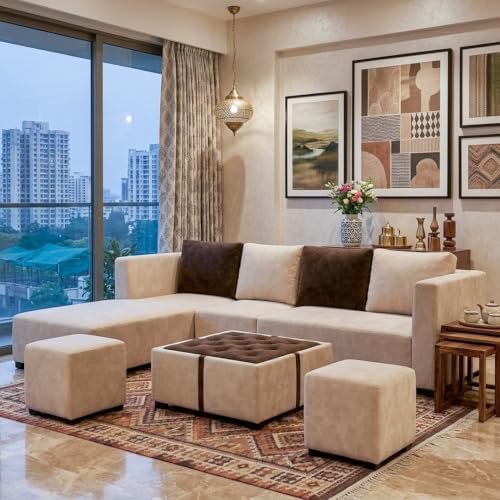 Image of FURNY Olympus 8 Seater LHS L Shape Sofa Set | Plush Velvet Suede Fabric | Modern Design | Soft Comfort Dual Color Cushions for Living Room, Office & Hotels (Cream-Dark Brown)