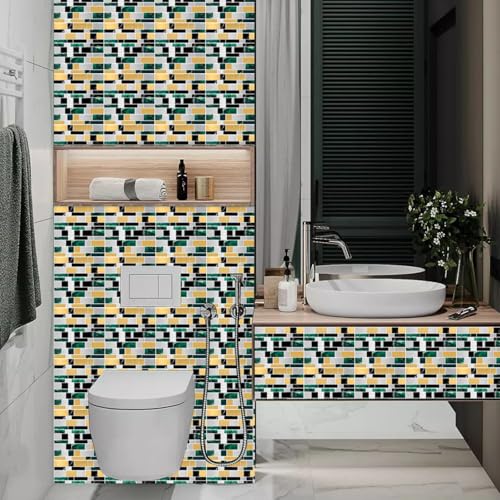 Azulejos Adhesivos Cocina Patrón De Mármol Amarillo Verde Vinilo Cocina Impermeables PVC Protector Salpicaduras Revestimiento Pared Baño Decoración de Muebles Baldosas Adhesivas