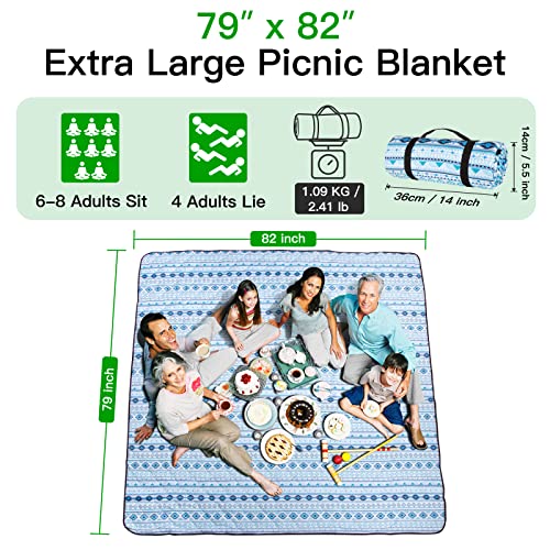 Extra-Large79-x-83-Picnic-Blanket-3-Layer-Thicking-Outdoor-Camping-Blanket-Machine-Washable-Beach-Blanket-Waterproof-and-Wear-Resistant-Soft-and-ComfortableBoho-Blue