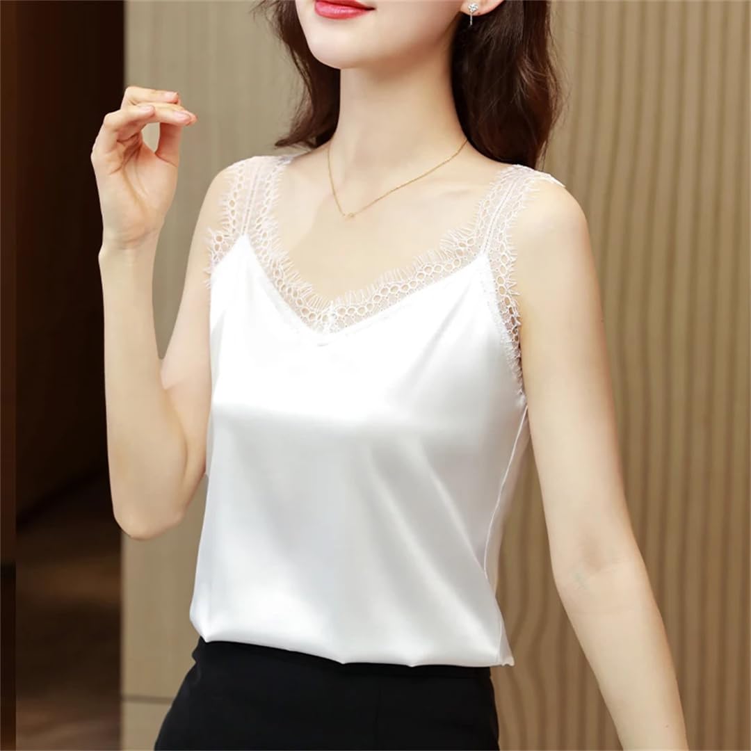 Top in pizzo da donna in raso con scollo a V estivo casual solido sciolto senza maniche
