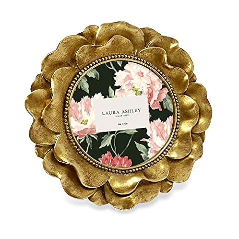 Laura Ashley Okrągła ramka z żywicy na zdjęcia 10x10 cm z ozdobnym obramowaniem z kwiatami i koralikami, do ekspozycji na stole i ścianie, kwiatowa dekoracja domu (złota)