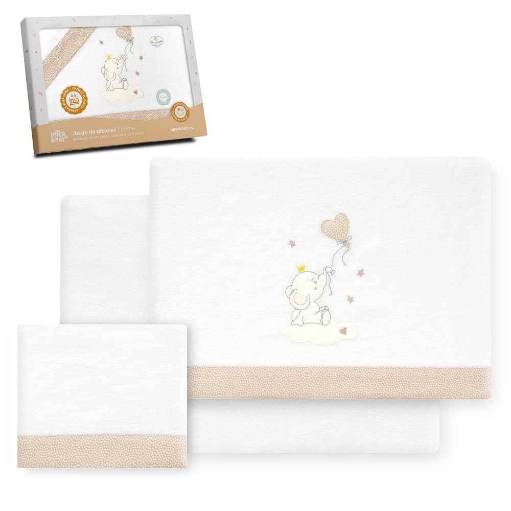 Interbaby - Cot Sheet Set 60 x 120 cm 100% Cotton | Flannel Cot Sheet, Warm, Soft | Includes Fitted Sheet, Top Sheet and Pillowcase | Ideal for Winter | Elephant Balloon Heart White/Beige