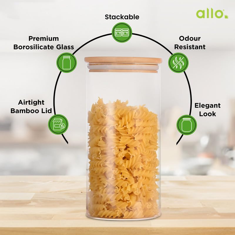 Image of Allo 600ML Kitchen Storage Box Glass Jars With Wooden Lids - Borosilicate Glass Food Storage Containers Airtight Glass Jar for Tea, Coffee, Spice, Pulses, Masala (Round Glass Jar - Set of 2)