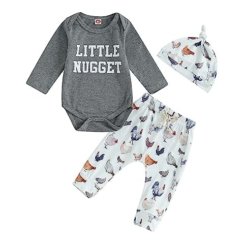 Twopumpkin Infant Baby Boy Farm Letter Romper and Long Pants Newborn Coming Home Outfit Cute Clothes Sets with Hat (Little Nugget Chicken Long Sleeve, 6-12 Months) Cover