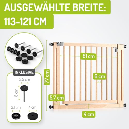 BOMI Hunde Türschutzgitter Miko PEFC geprüftes Buchenholz | Ohne Bohren | Hundetürschutzgitter und Baby Absperrgitter Holz | Schutzgitter Tür zum Klemmen | Haustiergitter | Breite: 113-121 cm
