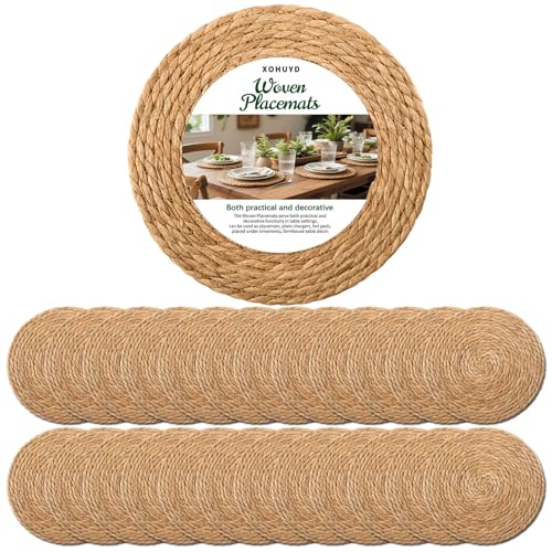 13 Inch Round Woven Placemats Set of 24, Boho Farmhouse Rustic Rattan Wicker Braided Chargers for Dining Table, Water Hyacinth Jute Place Mats for Dinner Plates, Outdoor Patio & Wedding Decor