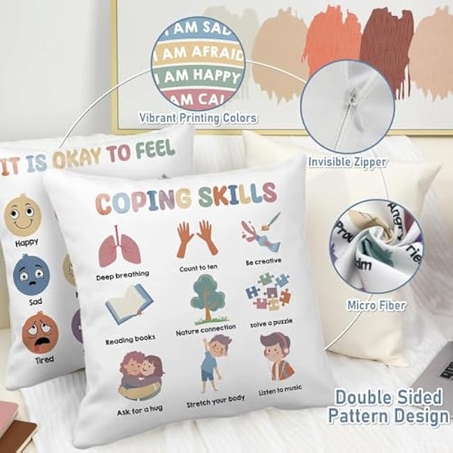 2Pcs Feelings Pillow Covers 18in Classroom Must Haves Calming Corner Item Mental Health Throw Pillowcase Kids Home Preschool Decorations Counselor Office Sensory Reading Room Calm Down Corner Supplies