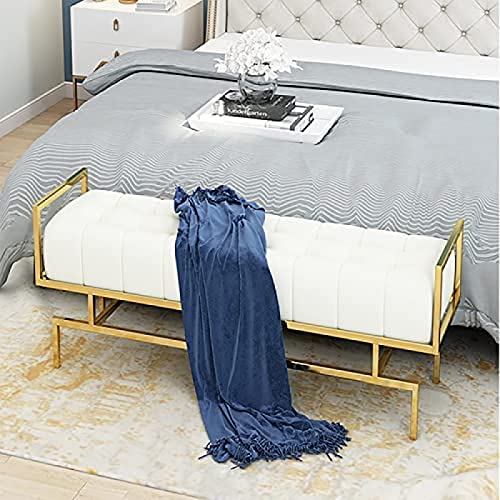 Lujoso Banco De Extremo De Cama, Asiento De Banco De Banco De Dormitorio Tapizado De Cuero, Banco De Entrada De Banco De Zapatos Multifunción Moderno, Blanco, 120X35X45Cm