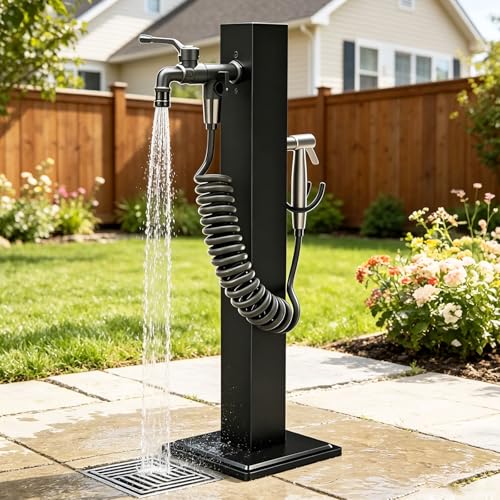 Outdoor Water Column with Faucet & Spray Gun Stainless Steel Yard Hydrant garden water column Support Side Inlet & Bottom Inlet Suitable for lawns outdoor cleaning and irrigation. (95cm(37.4in))