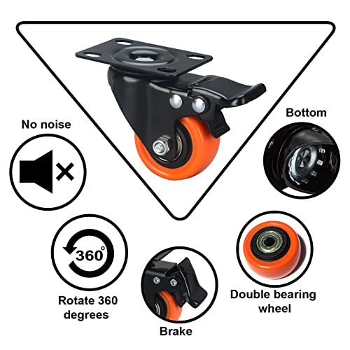 Image of 2 inch Caster Wheels Set of 32, Heavy Duty Casters with Brake, No Noise Locking Casters with Orange Polyurethane (PU) Wheels, Swivel Plate Castors Pack of 32