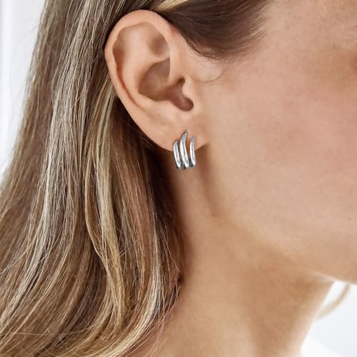 Image of Obidos 14K Gold Plated Illusion Stud Earrings for Women | Triple Huggie Hoop Earrings for One Hole| Trendy Simple Hypoallergenic Fashion Accessories Gold Jewelry Gifts for Womens