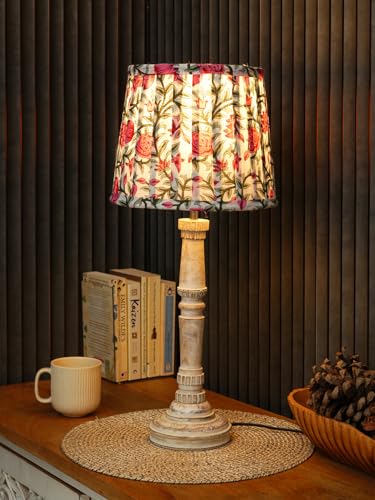 Image of Green Girgit Wooden Distress White Empire Lamp with Pleeted Multicolor Pink Rose Lamp Shade