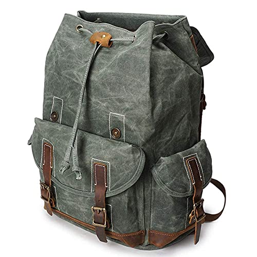 Backpack Waxed Canvas, High Density Thick Canvas Rucksack Genuine Leather Daypack for Travel School (Bluegreen)