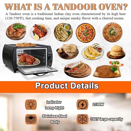 Forno Elettrico Tandoori, 2-in-1 15L Pizzaiolo, 2100W Mini Forno Tandoori, 122 ° f-752 ° f Controllo della Temperatura, per la grigliatura di Cottura a tostatura