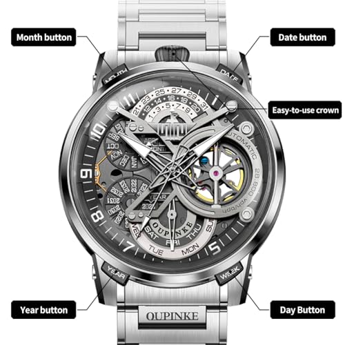 Image of OLEVS Automatic Men Watch Self Winding Mechanical Moon Phase Business Luxury Diamond Dress Stainless Steel Waterproof Luminous Mens Wrist Watch