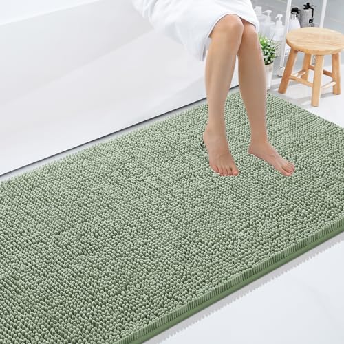 Smiry Luxury Chenille Bathroom Rugs 59x35, Extra Soft and Absorbent Shaggy Bath Mat, Machine Washable, Non-Slip Plush Carpet Runner for Tub, Shower, and Floor, Home Decor Accessories, Sage Green