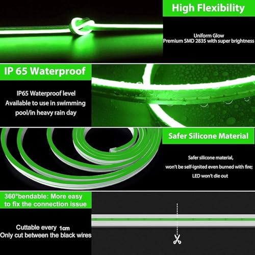 Image of 16.4 Feet LED Neon Strip Lights, with 12V Adapter, Waterproof IP65, Silicone Flexible Rope Light for Home Decor | Led Strip Lights | Neon Lights | 5 Meter | (Green)