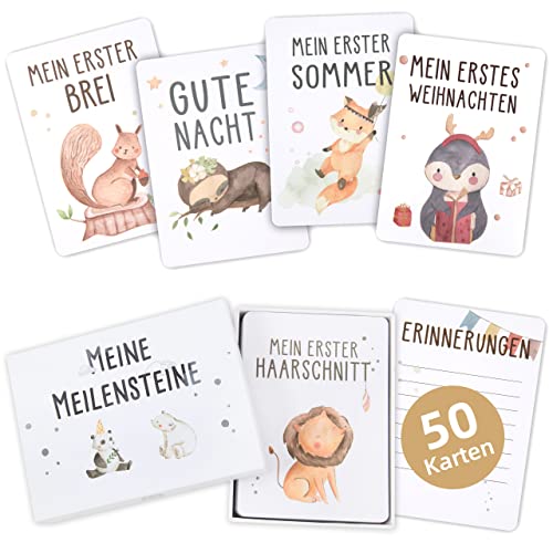 Marvelights Meilensteinkarten Baby – 50 Karten im Boho Stil mit Geschenkbox, Geschenk zur Geburt & Babyparty für Jungen & Mädchen, Neugeborenen Meilenstein Karten Set