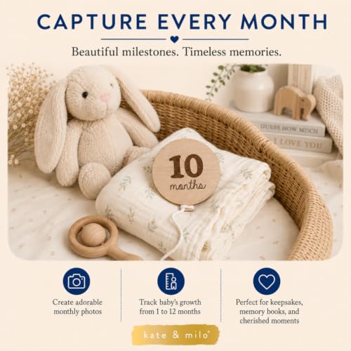 Image of Kate & Milo Baby Monthly Milestone Marker Discs, Growth and Pregnancy Photo-Sharing Cards, 1-12 Months, Gender-Neutral Gift, Birthday Balloons, 6 Double Sided Props