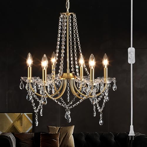 Plug in Gold Crystal Chandelier Lighting with Long Cord, 6-Light Modern Plug Chandelier Crystal Plug...