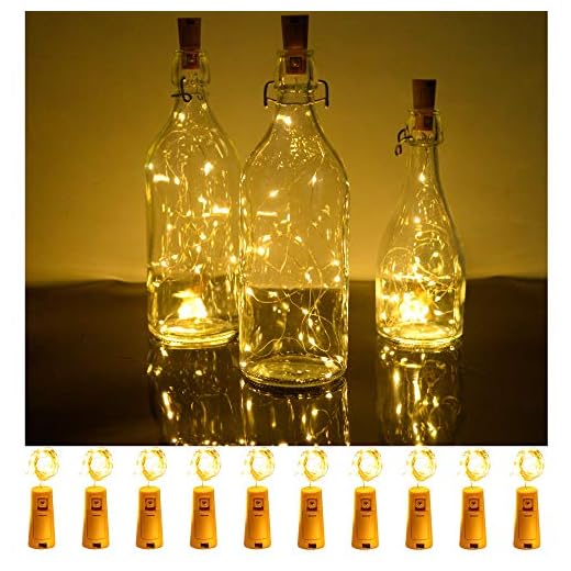 SODELIC Cork Lights for Wine Bottles 10 Pack 6.5ft 20 LEDs Waterproof Battery Operated Silver Wire String Lights for Liquor Bottles Crafts Party Halloween Christmas Bar Decoration, Warm White …