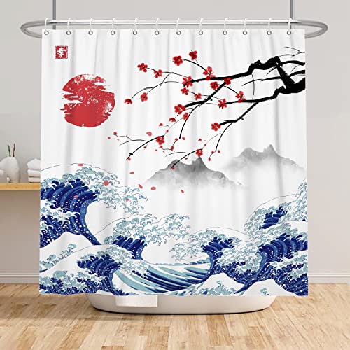 SDOTPMT Rideau de douche japonais Mont Fuji 120 x 180 cm Motif fleurs de cerisier Peinture à...