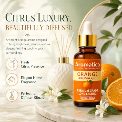 Image of AROMATICO Orange Diffuser Oil for Long-Lasting Fragrance. Premium Aroma Oil for Aromatherapy, Meditation & Concentration. Versatile Use in Diffusers, Air Fresheners - 30ml
