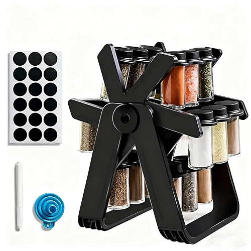 ABUUL Rotating Spice Rack Organizer Set with 18 Glass Jars -...