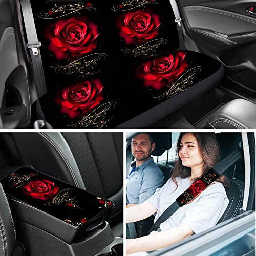Moukeren 26 Pcs Red Rose Car Seat Covers Full Set Rubber Steering Wheel License Plate Frame Armrest Seatbelt Mirror Covers Rose Flower Car Accessories for Truck SUV