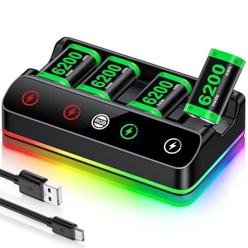 HELLCOOL 4 Stück 6200mWh Akku für Xbox One/Series X&S Controller, Xbox Controller Ladestation mit Cooles RGB Licht/LED Ladeanzeigen, Akku Kompatibel mit Xbox Series X/S, Xbox One S/X/Elite Controller