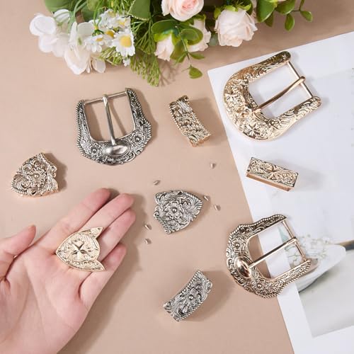 Image of DICOSMETIC 3 Sets Belt Buck Set Western Cowboy Buckle Set Alloy Belt Buckle Engraved Cowboy Rodeo Belts Replacement for Adult