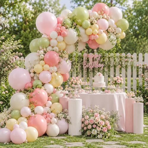 Image of Pink and Green Balloons, 60 Pcs 12 Inch Dusty Green Dusty Pink Ivory White Soft Yellow Latex Balloons for Baby Shower Birthday Gender Reveal Party Decorations